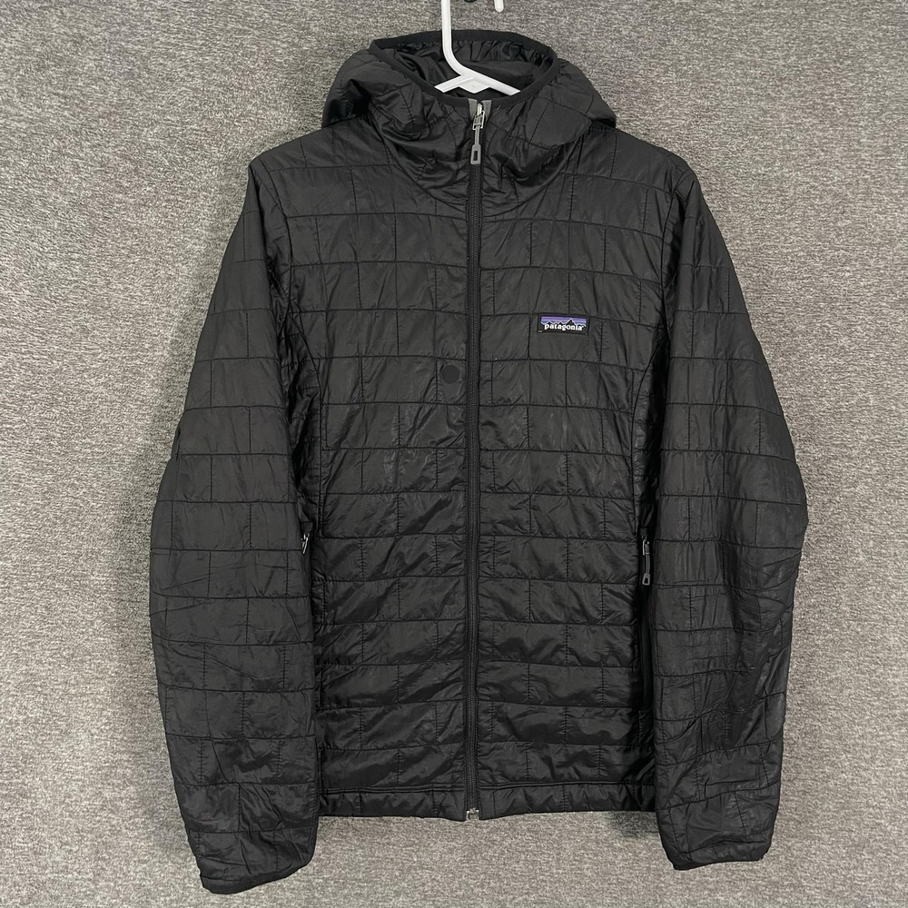Patagonia Nano Puff Jacket Womens Large Black Hooded Insulated Full Zip Warm